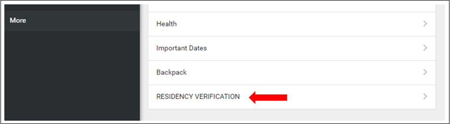 Screen shot of Parent Portal menu